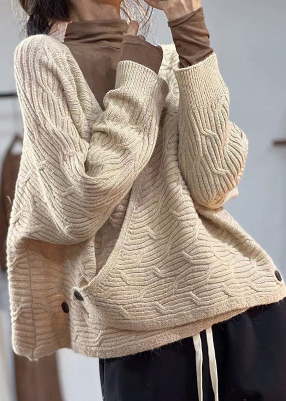Drune | Kaffee V-Ausschnitt Knopf Übergröße Baumwolle Strickmäntel