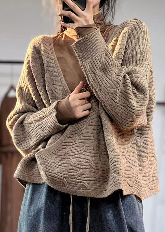 Drune | Kaffee V-Ausschnitt Knopf Übergröße Baumwolle Strickmäntel