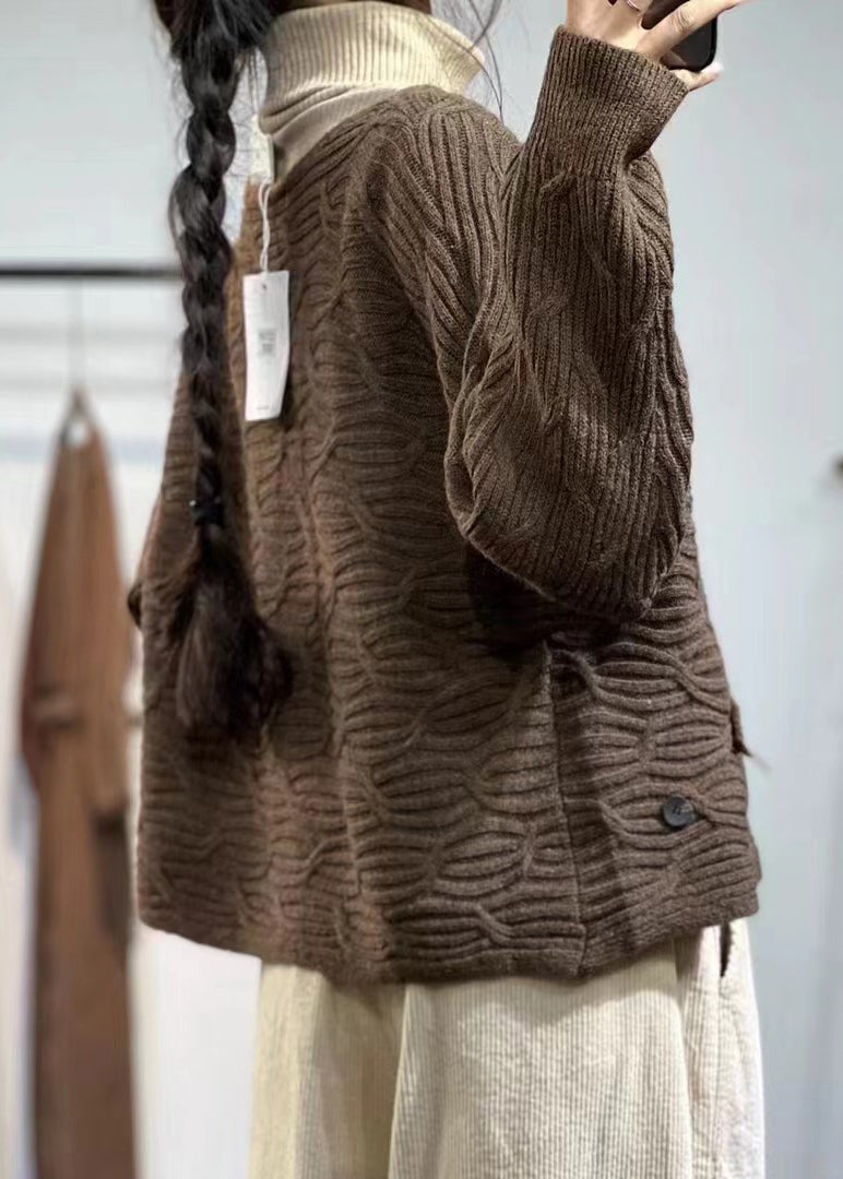Drune | Kaffee V-Ausschnitt Knopf Übergröße Baumwolle Strickmäntel