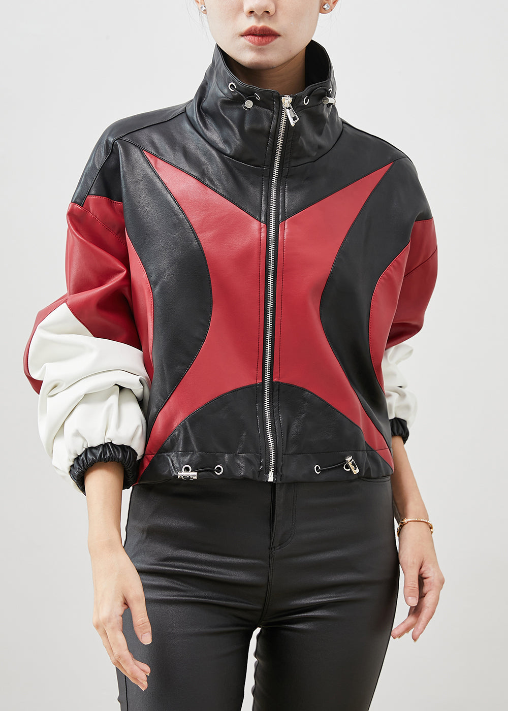 Drune | Colorblock-Kordelzug-Patchwork-Faux-Leder-Jacken