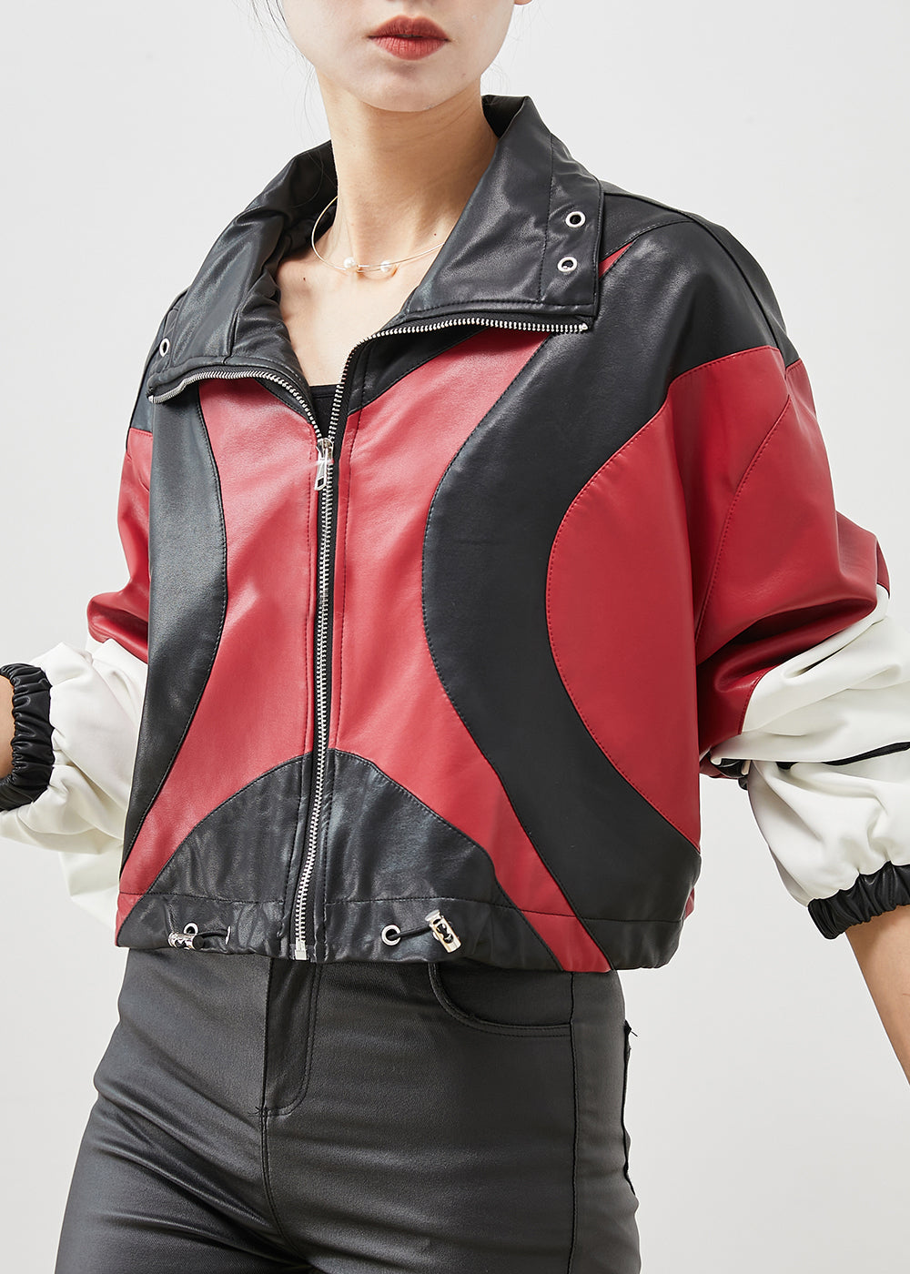 Drune | Colorblock-Kordelzug-Patchwork-Faux-Leder-Jacken