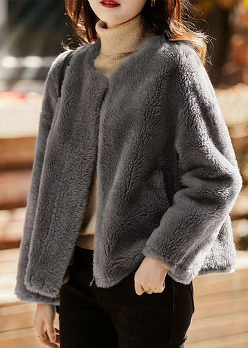 Drune | Grauer O-Ausschnitt Taschen Patches Wolle Jacken Winter