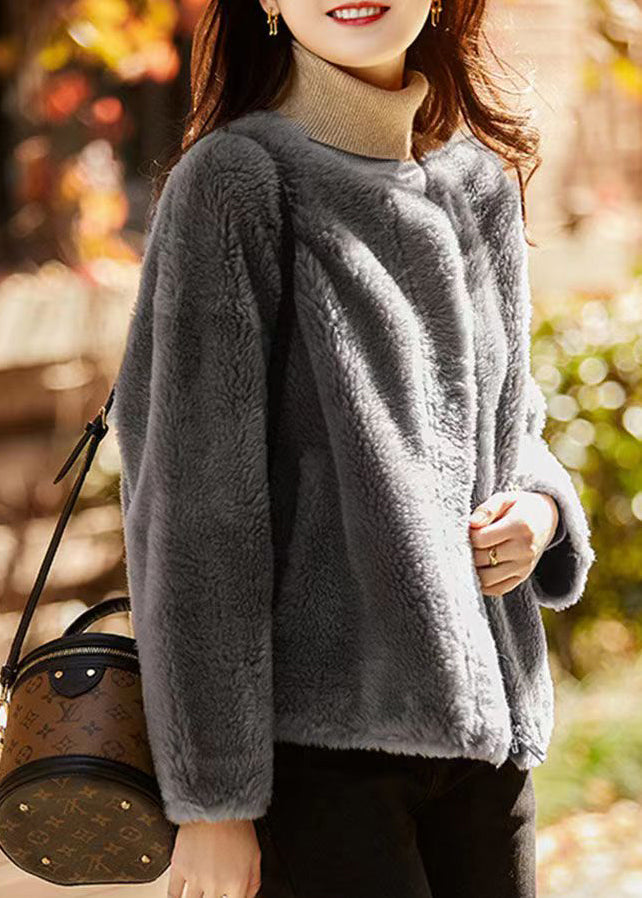 Drune | Grauer O-Ausschnitt Taschen Patches Wolle Jacken Winter
