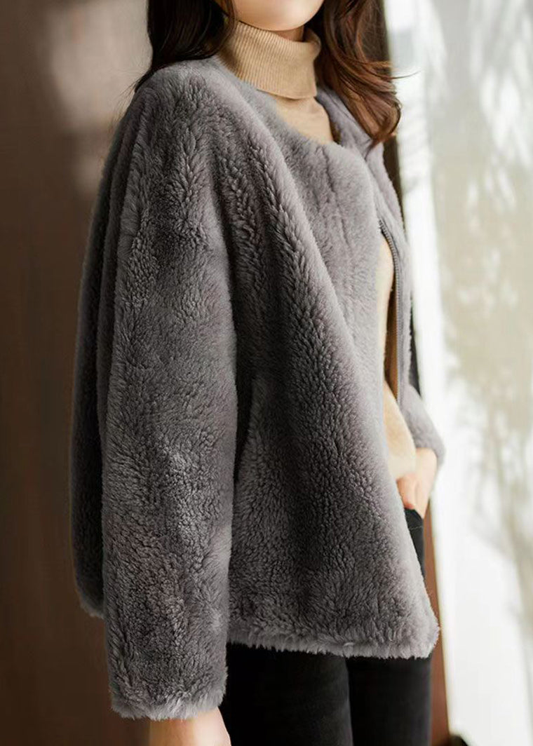 Drune | Grauer O-Ausschnitt Taschen Patches Wolle Jacken Winter
