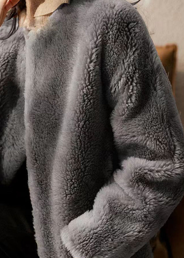 Drune | Grauer O-Ausschnitt Taschen Patches Wolle Jacken Winter