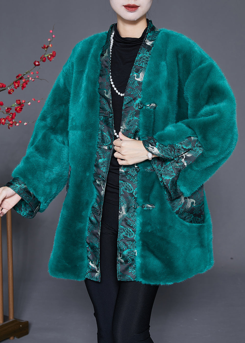 Drune | Pfauen Grün Übergröße Patchwork Kunstpelzmantel Winter