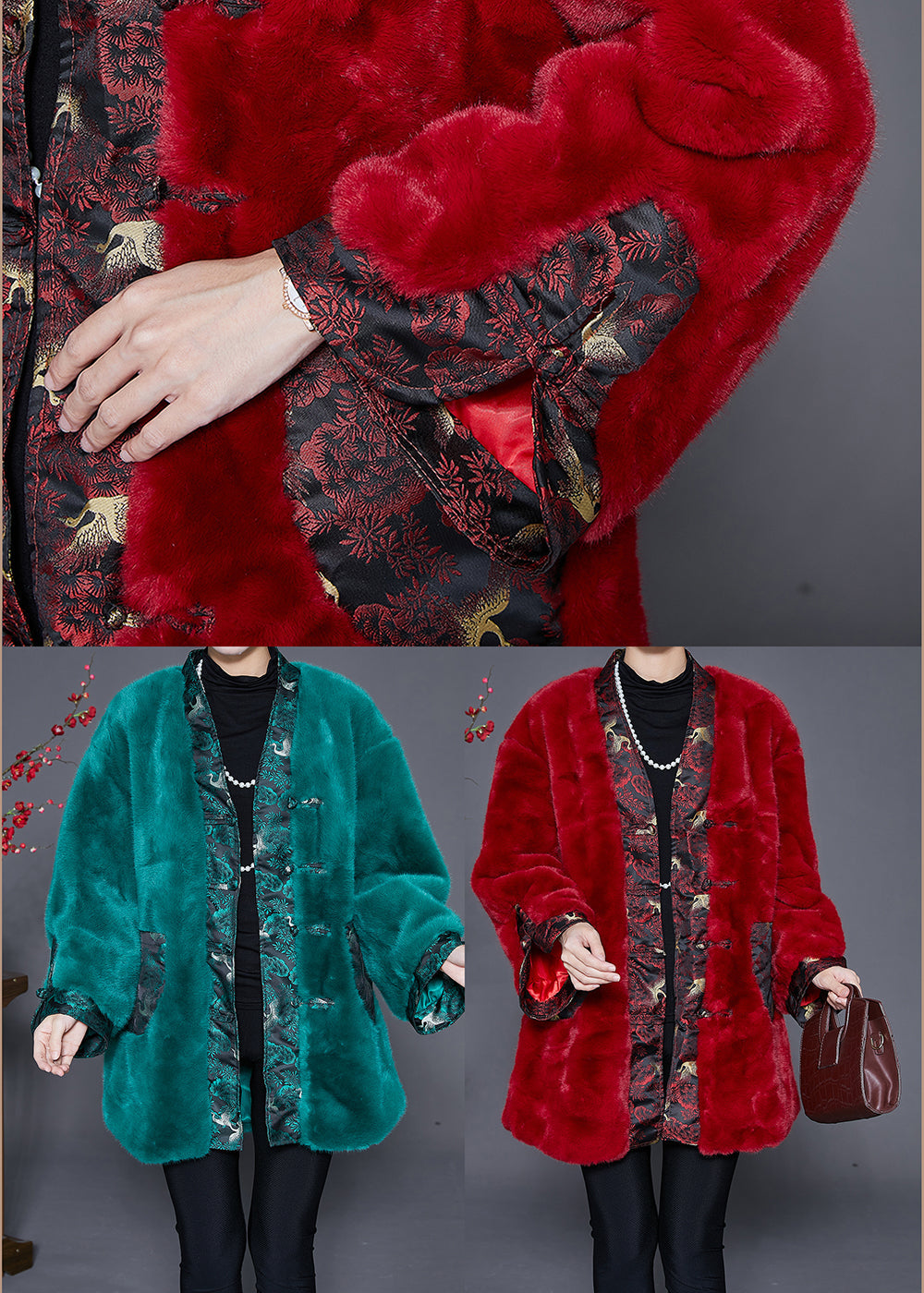 Drune | Pfauen Grün Übergröße Patchwork Kunstpelzmantel Winter