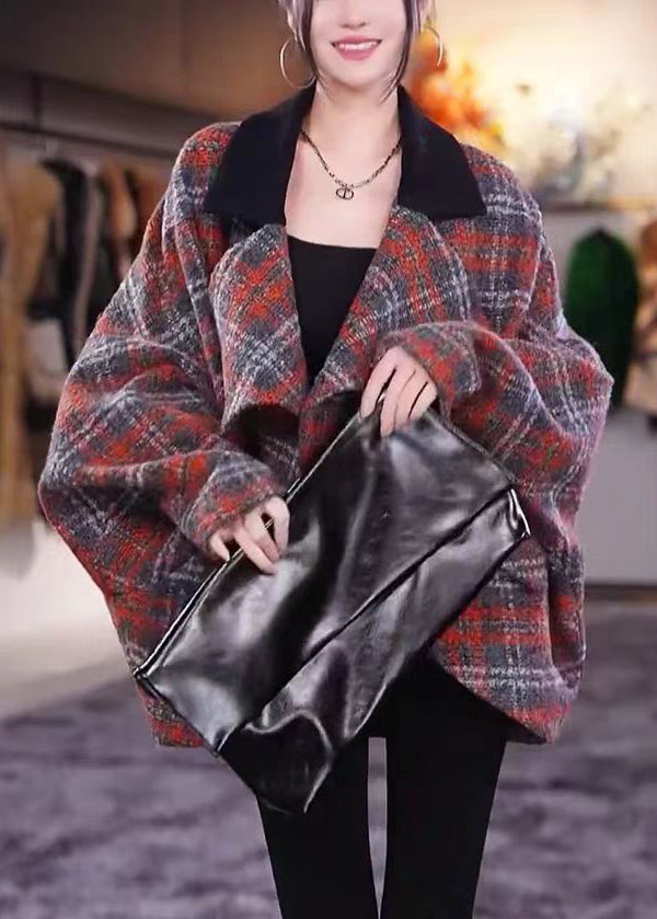 Drune | Karierter Peter Pan Kragen Taschen Wollmäntel Langarm