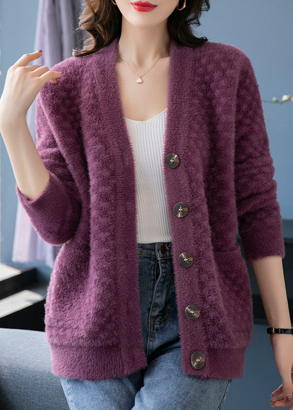 Drune | Lila V-Ausschnitt Taschen Patchwork Nerzfell Strickmäntel