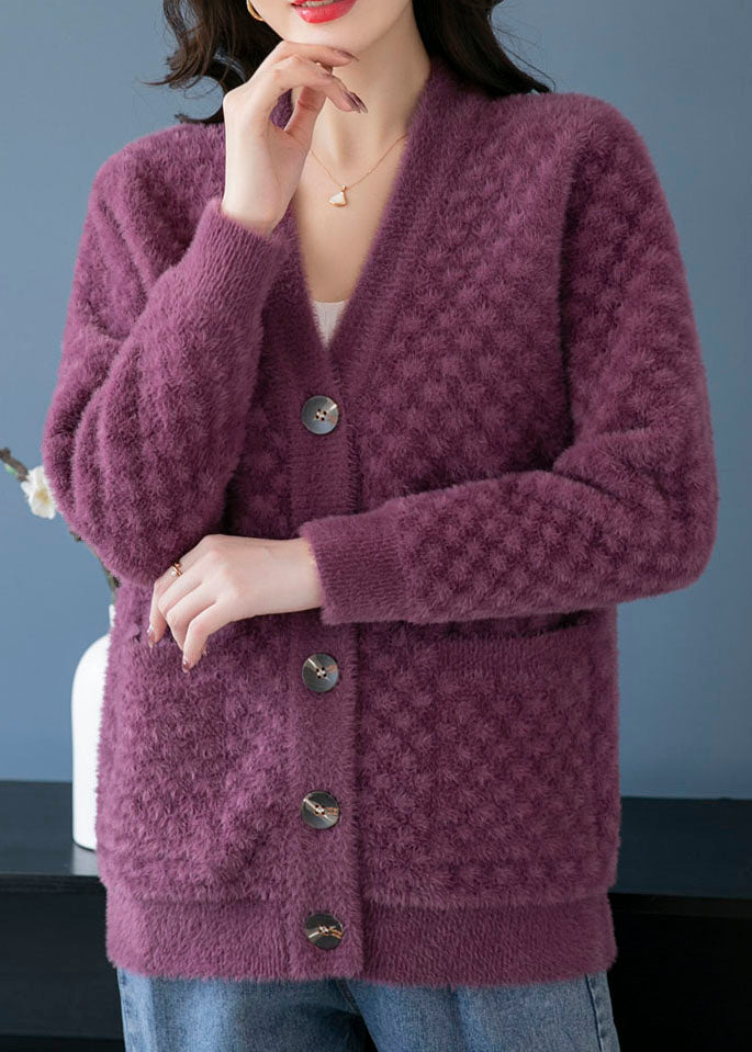 Drune | Lila V-Ausschnitt Taschen Patchwork Nerzfell Strickmäntel
