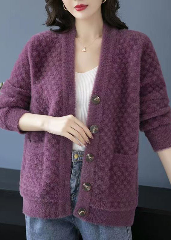 Drune | Lila V-Ausschnitt Taschen Patchwork Nerzfell Strickmäntel