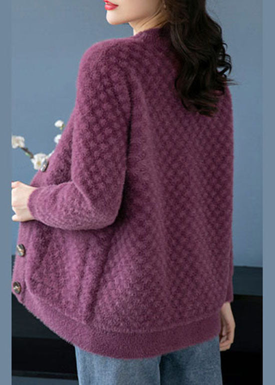 Drune | Lila V-Ausschnitt Taschen Patchwork Nerzfell Strickmäntel