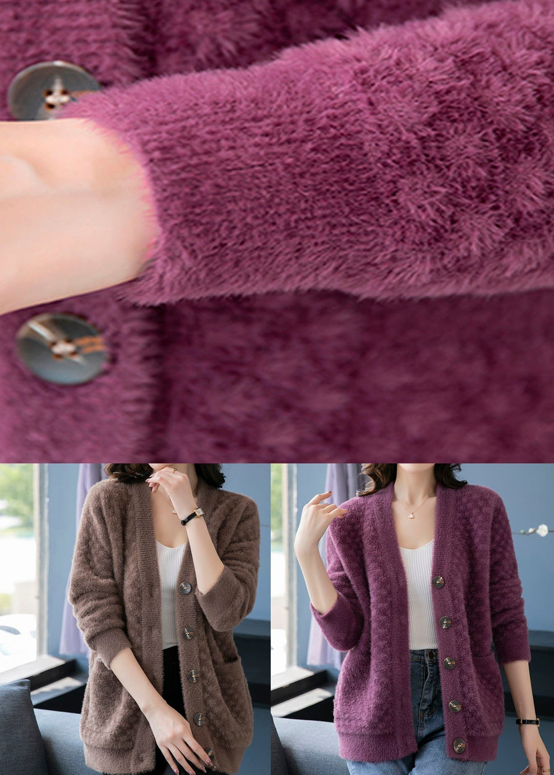 Drune | Lila V-Ausschnitt Taschen Patchwork Nerzfell Strickmäntel