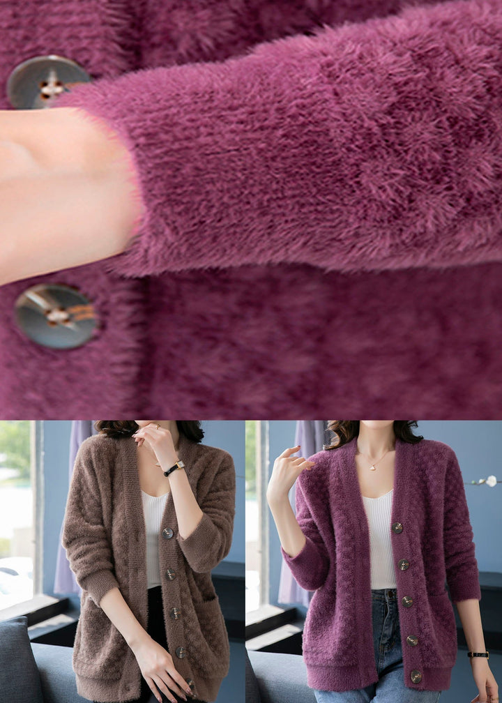 Drune | Lila V-Ausschnitt Taschen Patchwork Nerzfell Strickmäntel