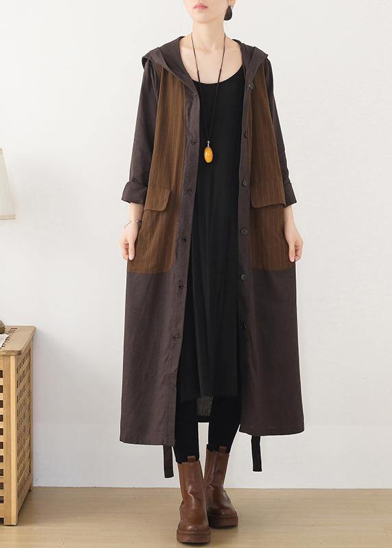 Drune | Kapuzen Plus Size gestreifter Trenchcoat Schokolade Baumwolle Frauen Mäntel