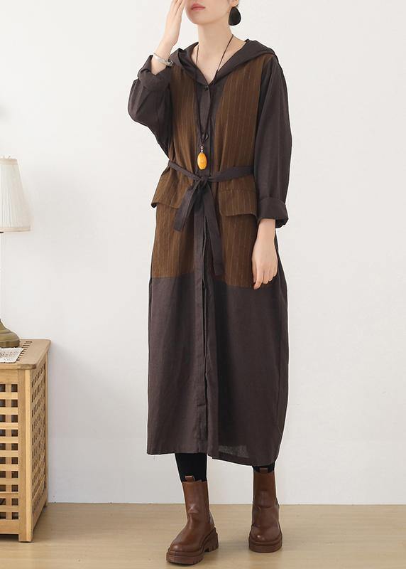 Drune | Kapuzen Plus Size gestreifter Trenchcoat Schokolade Baumwolle Frauen Mäntel