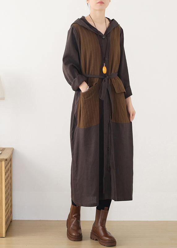 Drune | Kapuzen Plus Size gestreifter Trenchcoat Schokolade Baumwolle Frauen Mäntel