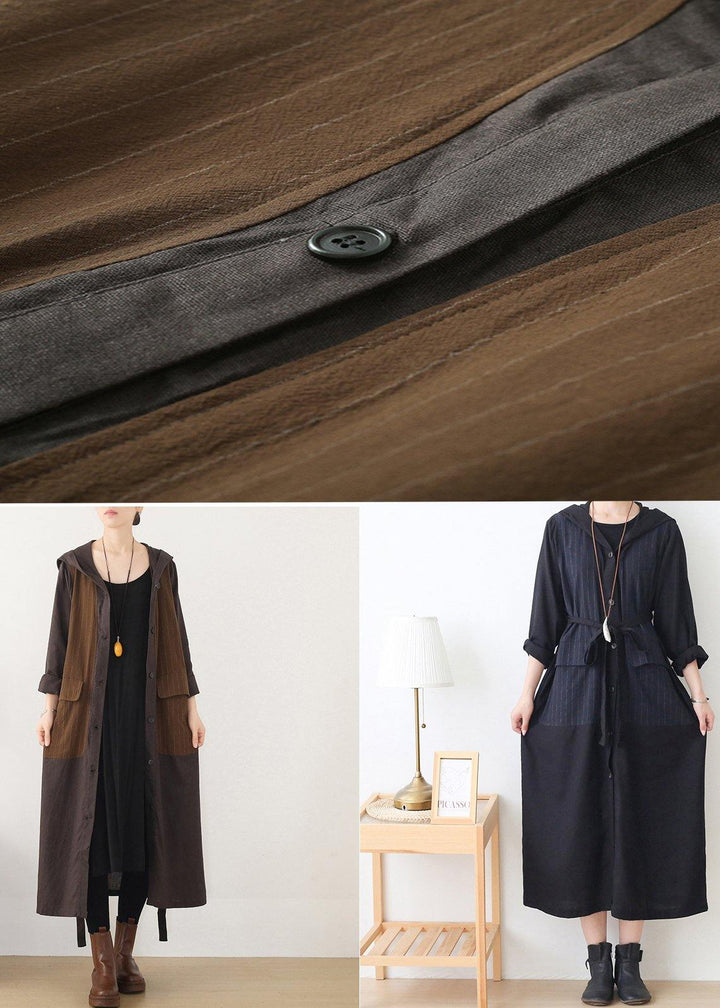 Drune | Kapuzen Plus Size gestreifter Trenchcoat Schokolade Baumwolle Frauen Mäntel