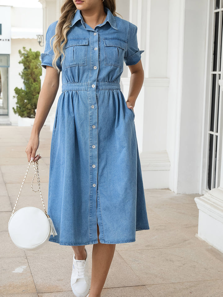 Drune | Stylische Denim Midi Kleid Mit Knopfverschluss