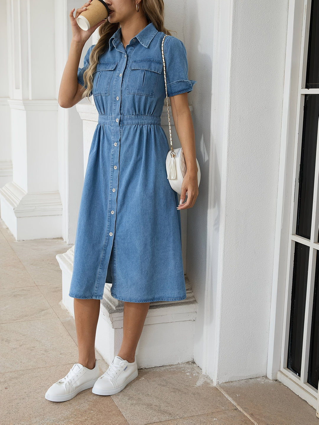 Drune | Stylische Denim Midi Kleid Mit Knopfverschluss
