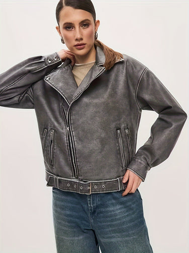 Drune | Damen Oversize Lederjacke mit Gürtel