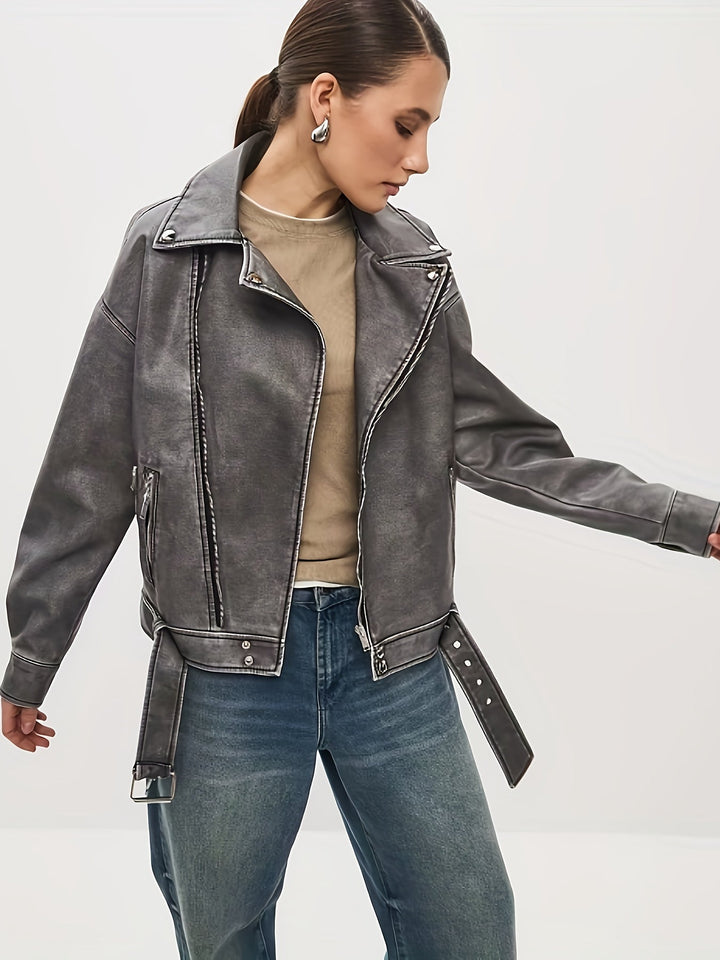 Drune | Damen Oversize Lederjacke mit Gürtel