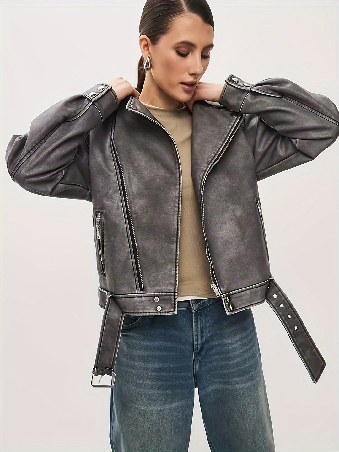 Drune | Damen Oversize Lederjacke mit Gürtel