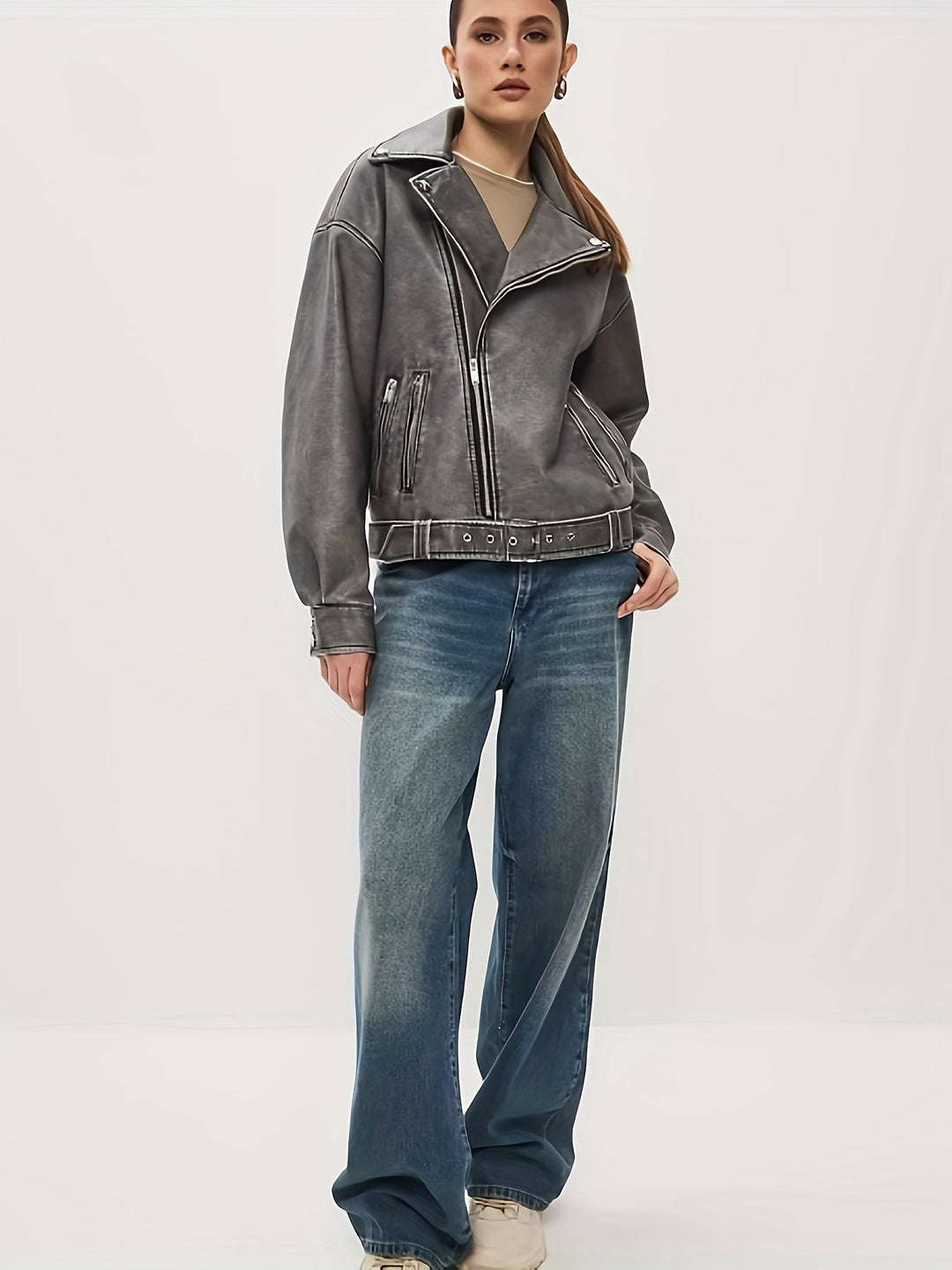 Drune | Damen Oversize Lederjacke mit Gürtel