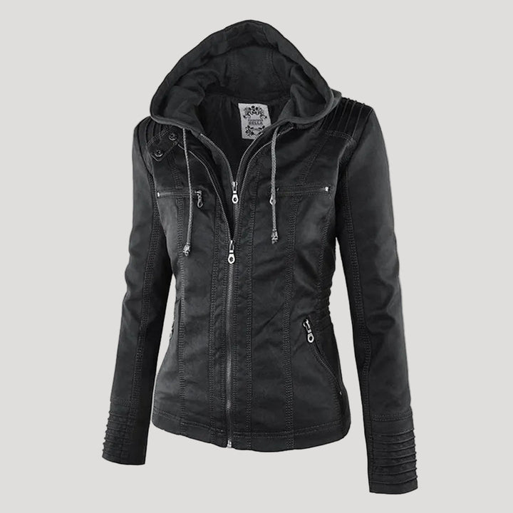 Drune | Wetterfester Damen Faux Lederjacke mit Kapuze