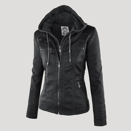 Drune | Wetterfester Damen Faux Lederjacke mit Kapuze