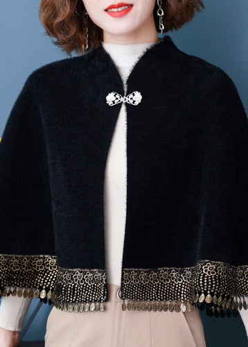 Drune | Knopf Patchwork Lose Mink Velvet Mäntel Mit Quasten Batwing Ärmeln