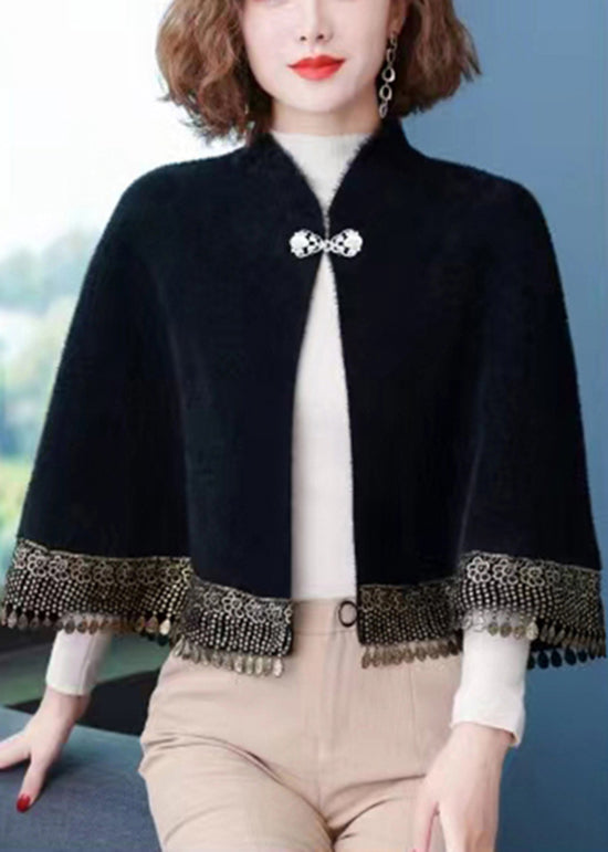 Drune | Knopf Patchwork Lose Mink Velvet Mäntel Mit Quasten Batwing Ärmeln