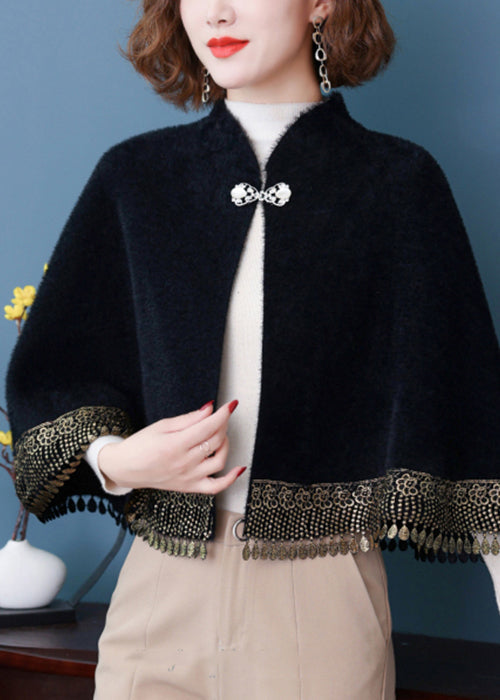 Drune | Knopf Patchwork Lose Mink Velvet Mäntel Mit Quasten Batwing Ärmeln