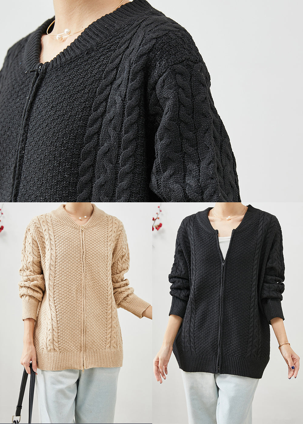 Drune | Übergroße Warme Kabelstrickmäntel Mit Reißverschluss