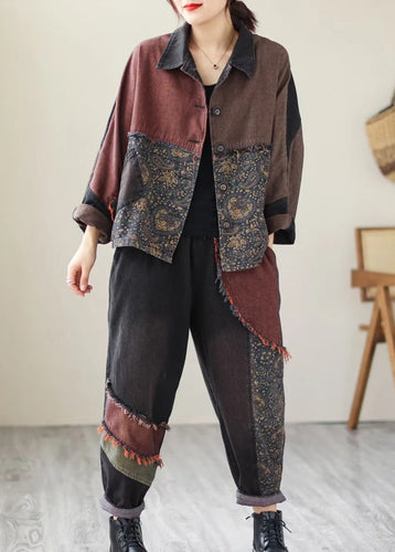 Drune | Druck Patchwork Mäntel und Hosen Denim Zweiteiler Set