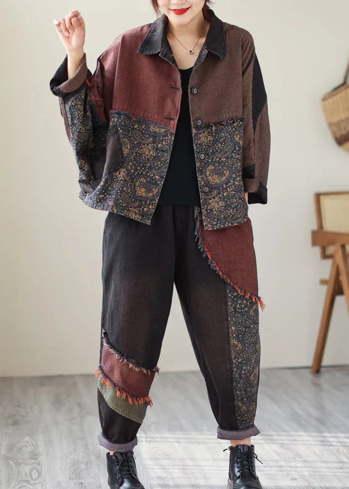Drune | Druck Patchwork Mäntel und Hosen Denim Zweiteiler Set
