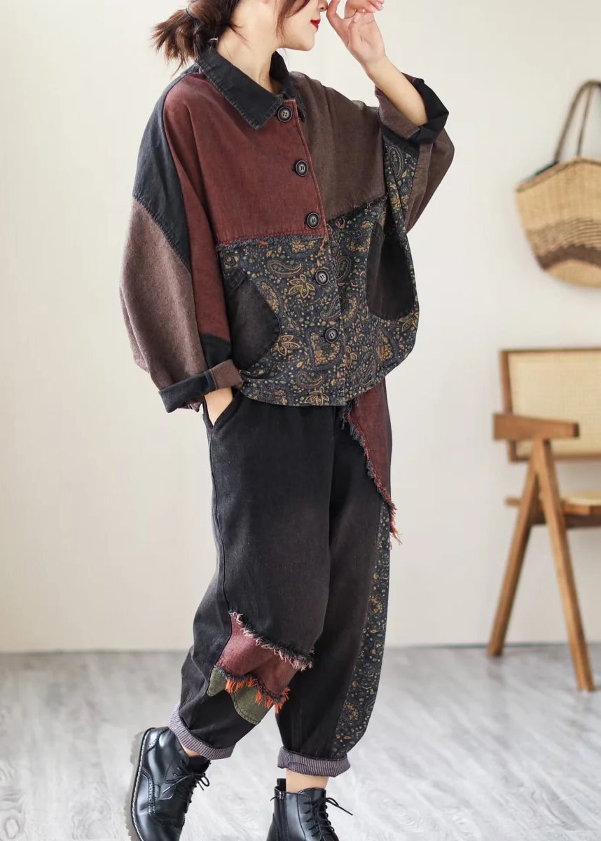 Drune | Druck Patchwork Mäntel und Hosen Denim Zweiteiler Set