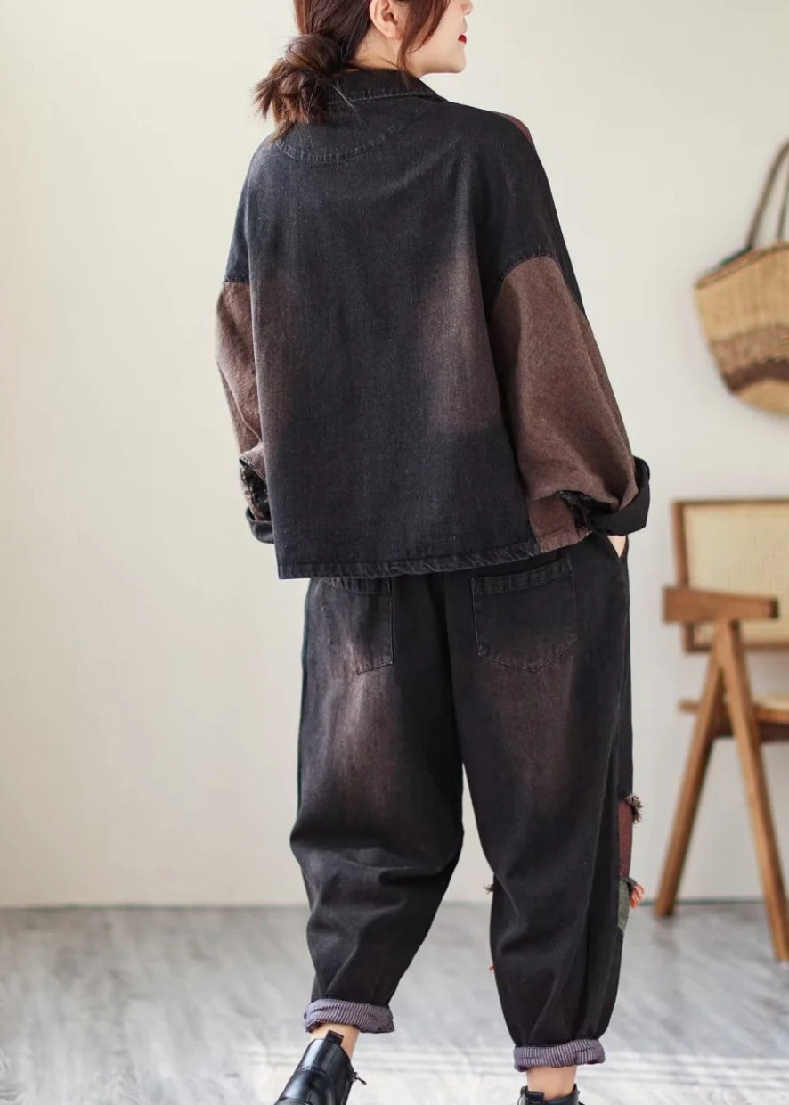Drune | Druck Patchwork Mäntel und Hosen Denim Zweiteiler Set