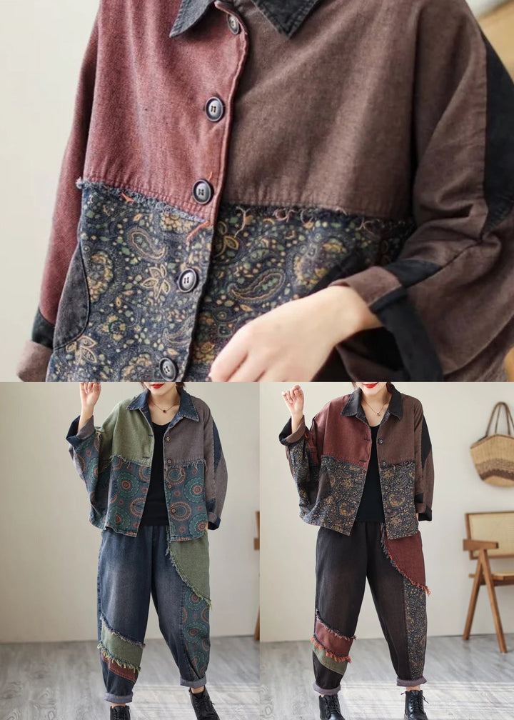 Drune | Druck Patchwork Mäntel und Hosen Denim Zweiteiler Set