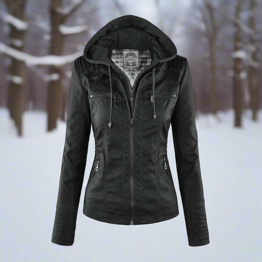 Drune | Leder Kapuzen Bikerjacke Slim Fit Reißverschlusstaschenjacke