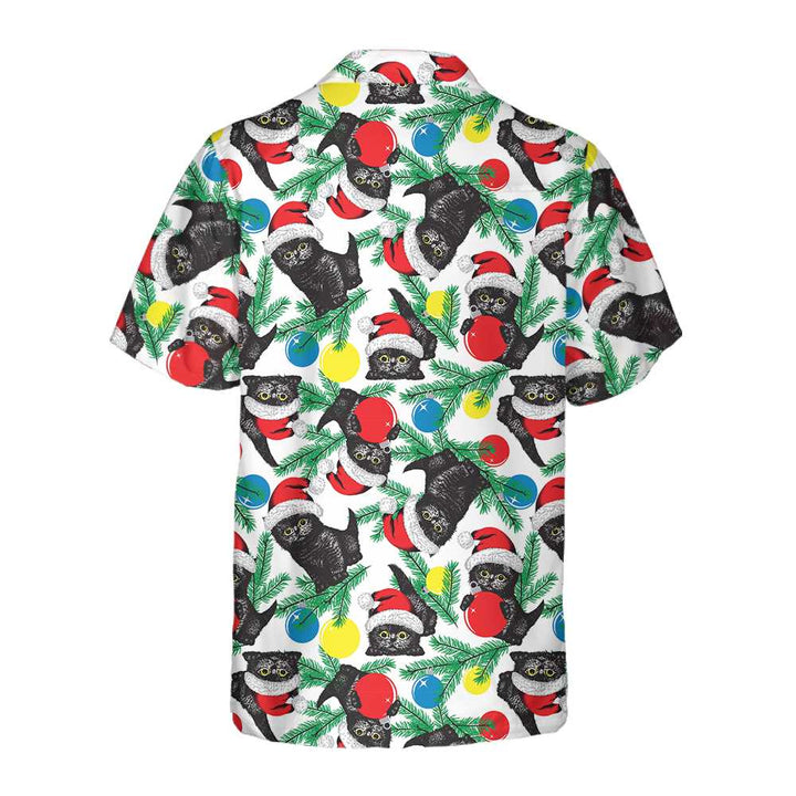 Drune | Schwarze Katze mit Weihnachtsmannmütze Hawaiian Shirt, Lustiges Weihnachtskatzen Shirt