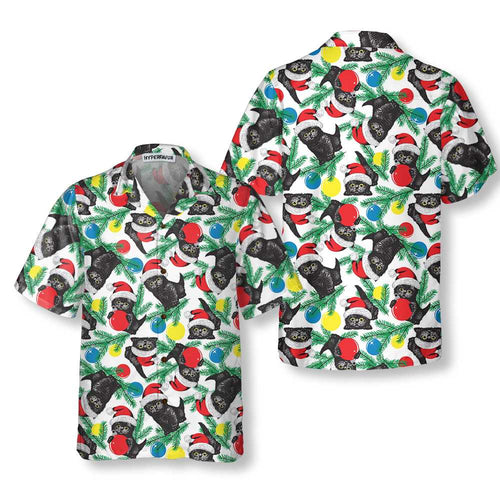Drune | Schwarze Katze mit Weihnachtsmannmütze Hawaiian Shirt, Lustiges Weihnachtskatzen Shirt