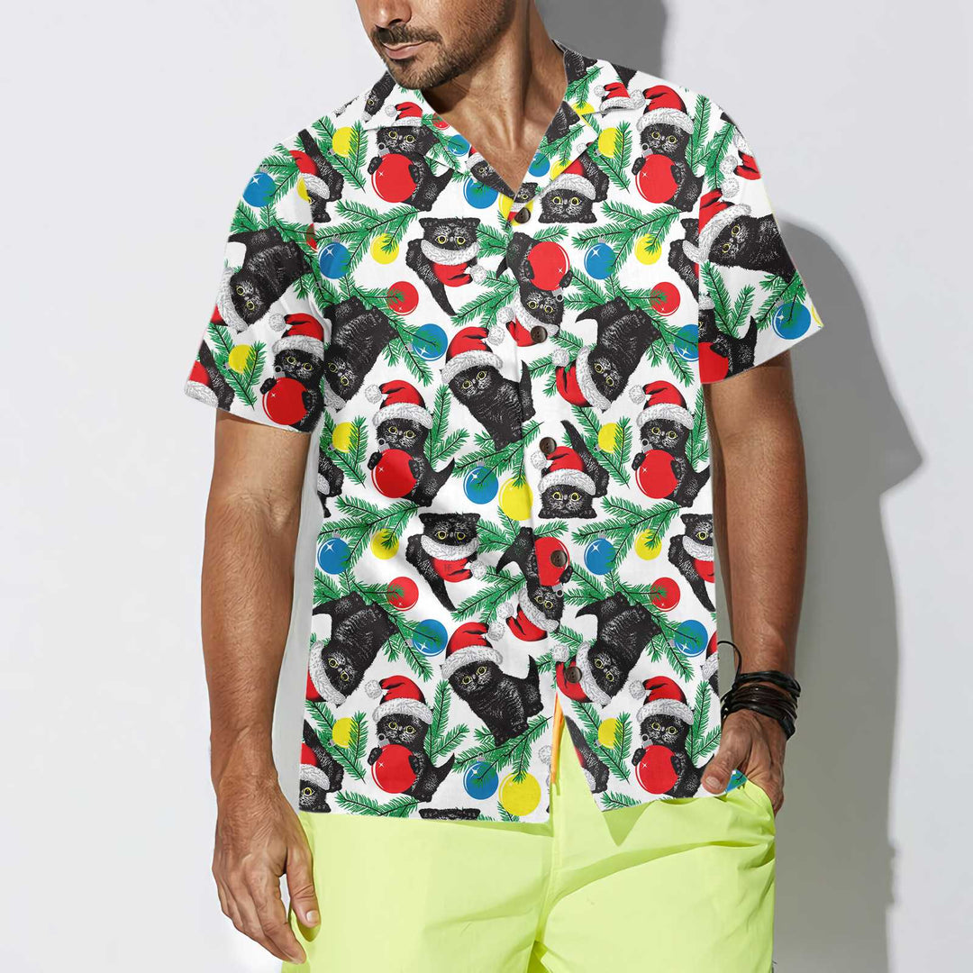 Drune | Schwarze Katze mit Weihnachtsmannmütze Hawaiian Shirt, Lustiges Weihnachtskatzen Shirt
