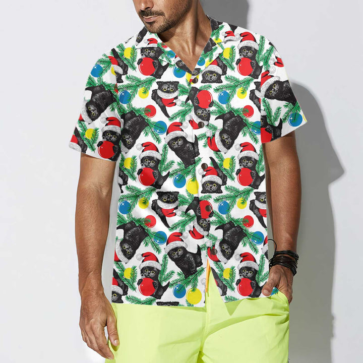 Drune | Schwarze Katze mit Weihnachtsmannmütze Hawaiian Shirt, Lustiges Weihnachtskatzen Shirt