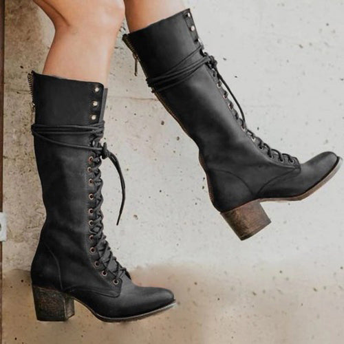 Drune | Trendige schwarze kniehohe Stiefel für Frauen – Stilvolle PU-Leder-Stiefel mit klobigem Absatz und Schnürsenkeln