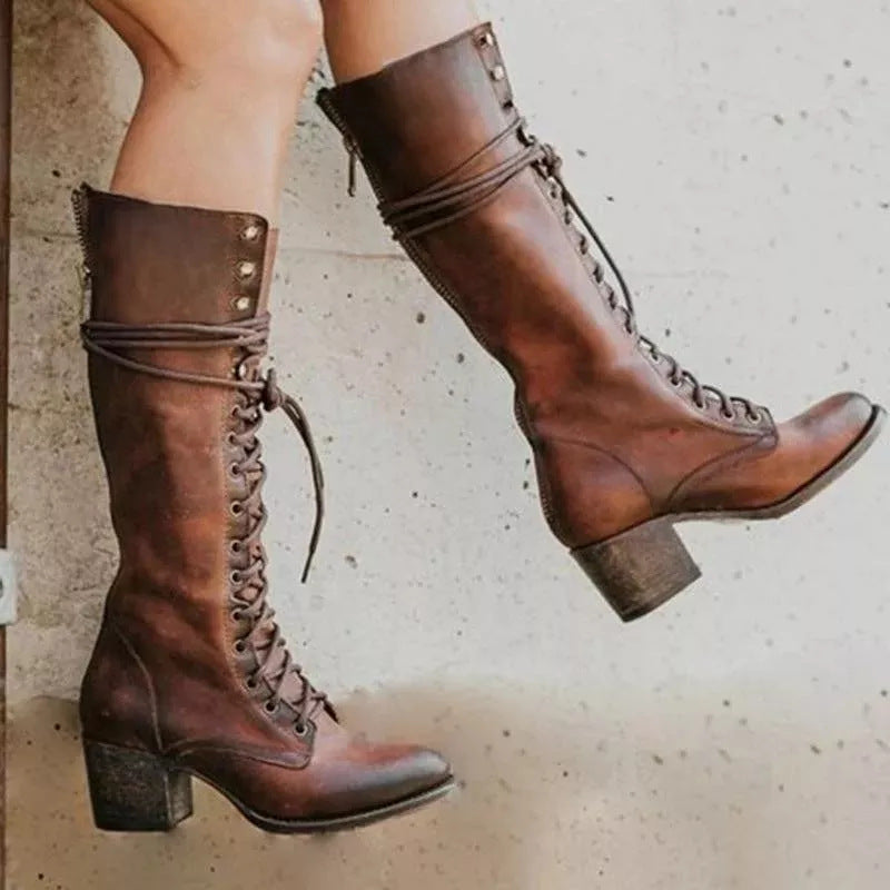 Drune | Trendige schwarze kniehohe Stiefel für Frauen – Stilvolle PU-Leder-Stiefel mit klobigem Absatz und Schnürsenkeln