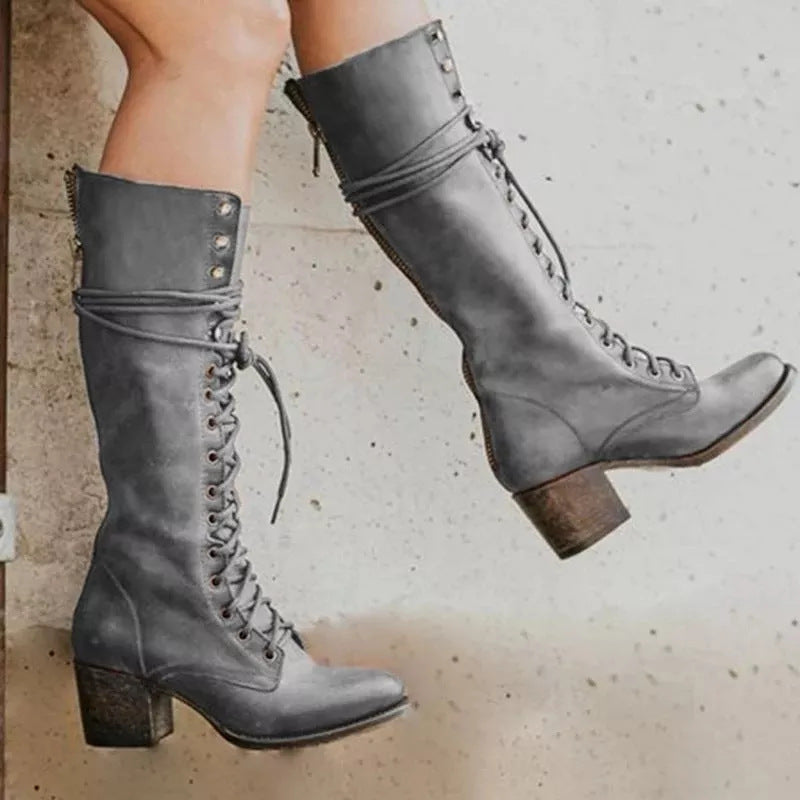 Drune | Trendige schwarze kniehohe Stiefel für Frauen – Stilvolle PU-Leder-Stiefel mit klobigem Absatz und Schnürsenkeln