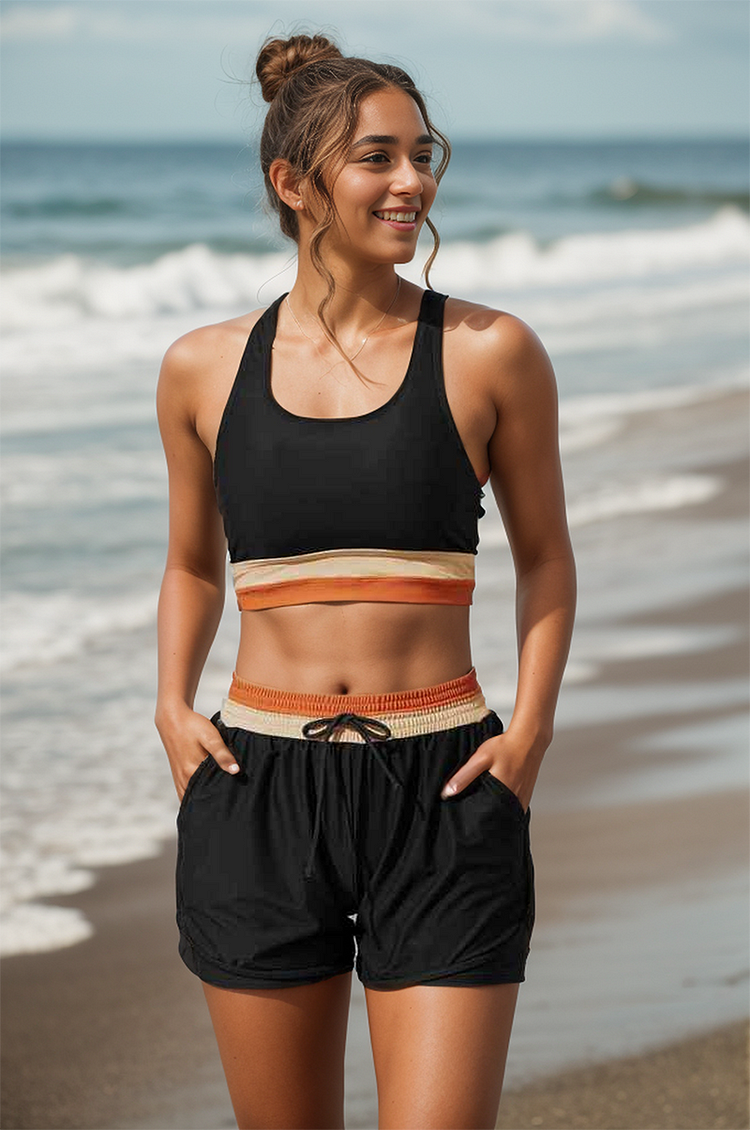 DruneSchwarzes Colorblock Reißverschluss Rücken Sport Bikini-Oberteil mit Boyshort-Set