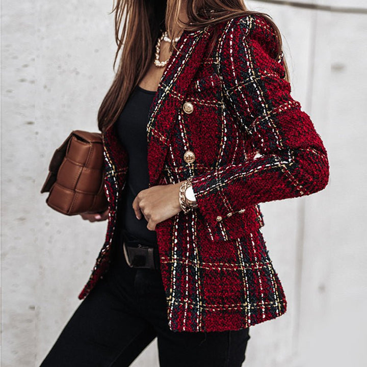 Drune | Damen Elegant Doppelreiher Karierter Damenjacke