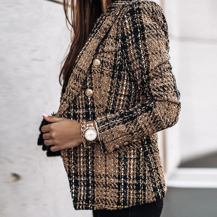 Drune | Damen Elegant Doppelreiher Karierter Damenjacke
